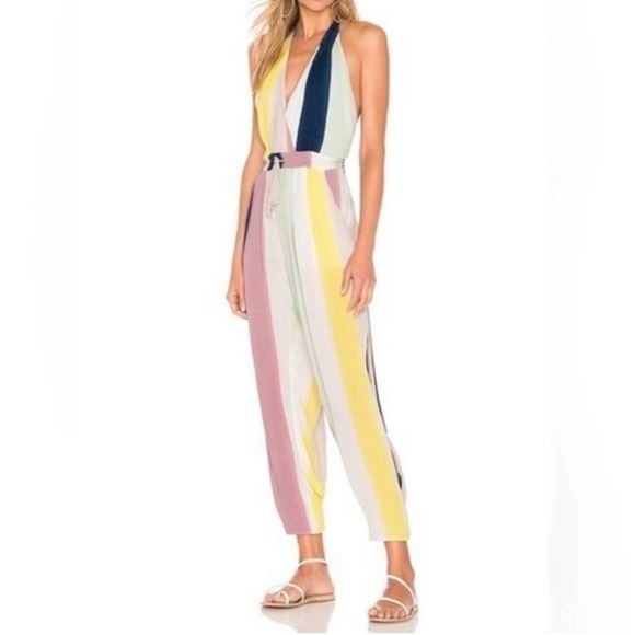 Indah x REVOLVE Paz Tropical Stripe backless halter jumpsuitside leg cutouts